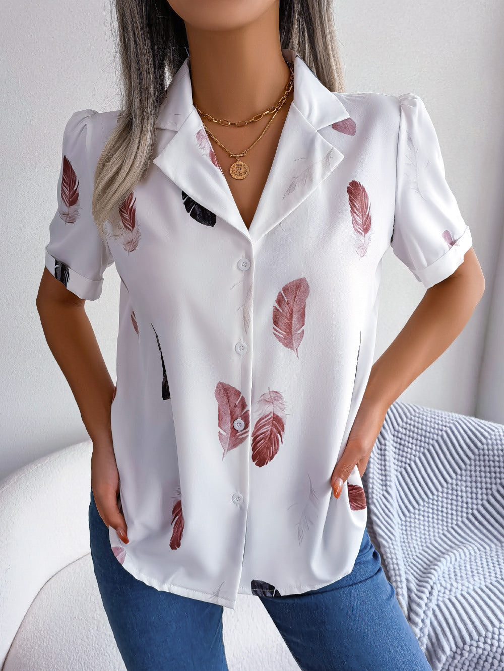 Feather Print Lapel Collar Puff Sleeve Shirt - More Colors! - In Style Chics Boutique LLC