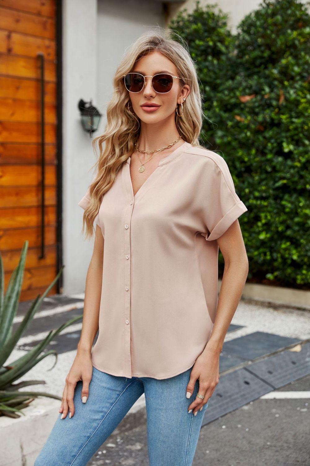 Notched Neck Cuffed Sleeve Shirt More Colors! - In Style Chics Boutique LLC