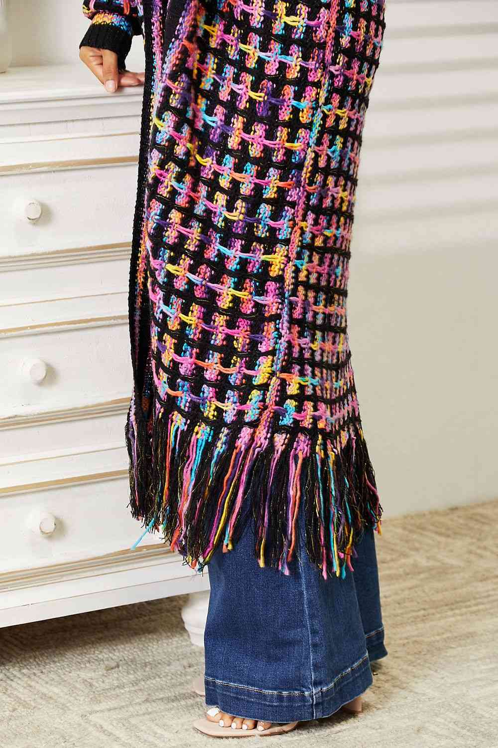 Double Take Full Size Multicolored Open Front Fringe Hem Cardigan - In Style Chics Boutique LLC