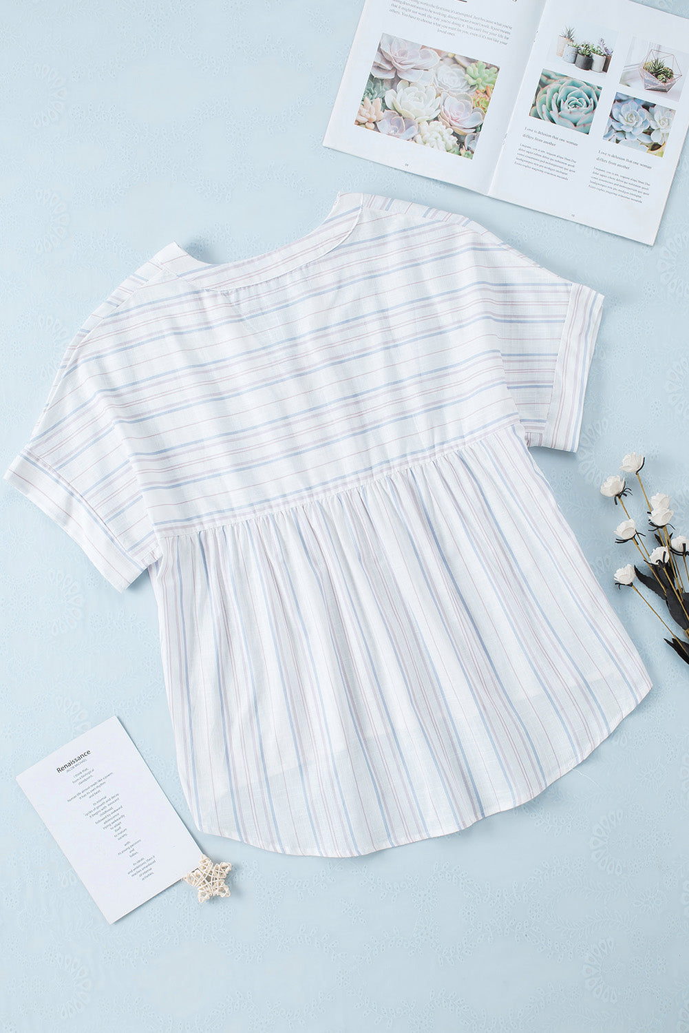 Striped Notched Short Sleeve T-Shirt - In Style Chics Boutique LLC