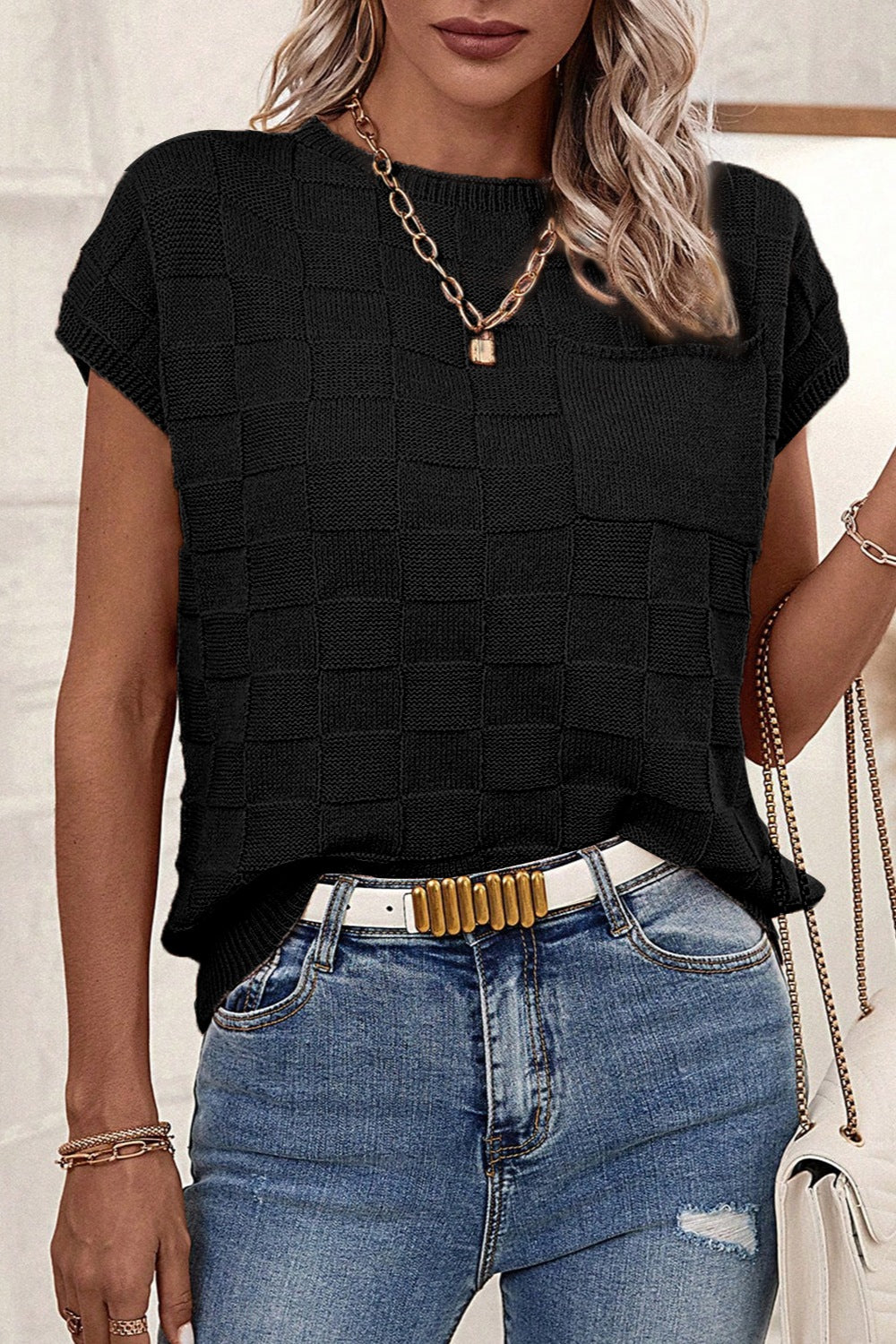 Pocketed Checkered Round Neck Knit Top - In Style Chics Boutique LLC