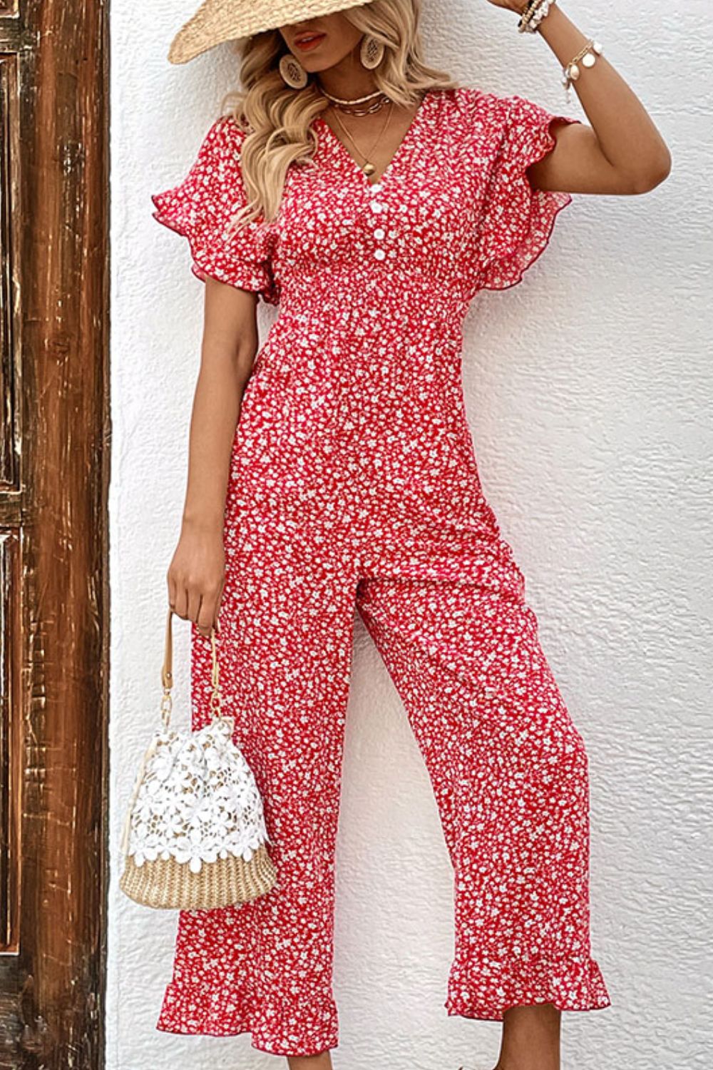 Printed Tie Back Ruffled Jumpsuit - In Style Chics Boutique LLC