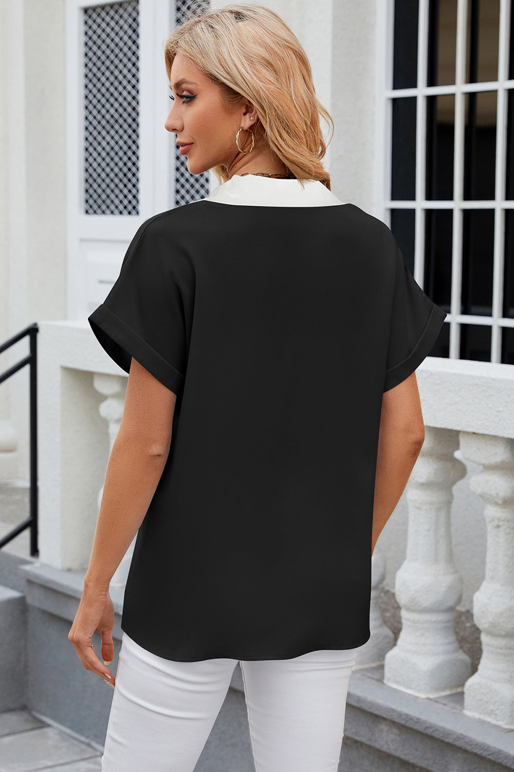 Contrast Johnny Collar Short Sleeve Blouse - More Colors! - In Style Chics Boutique LLC