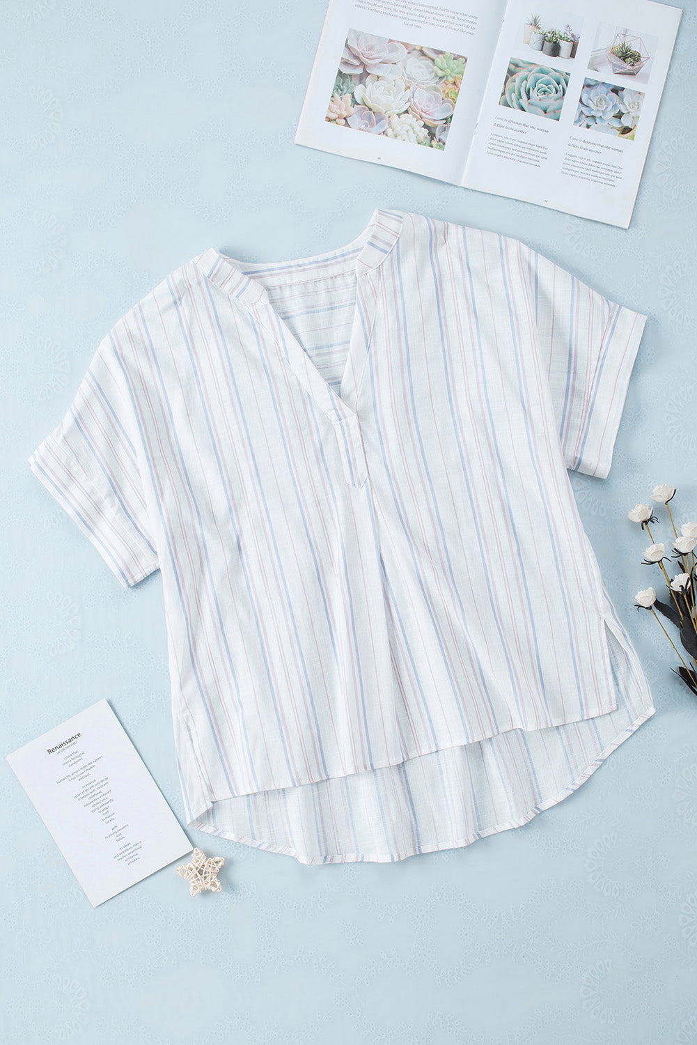 Striped Notched Short Sleeve T-Shirt - In Style Chics Boutique LLC