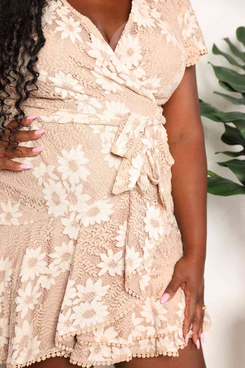 Double Take Floral Lace Pompom Detail Tie-Waist Flutter Sleeve Dress - In Style Chics Boutique LLC