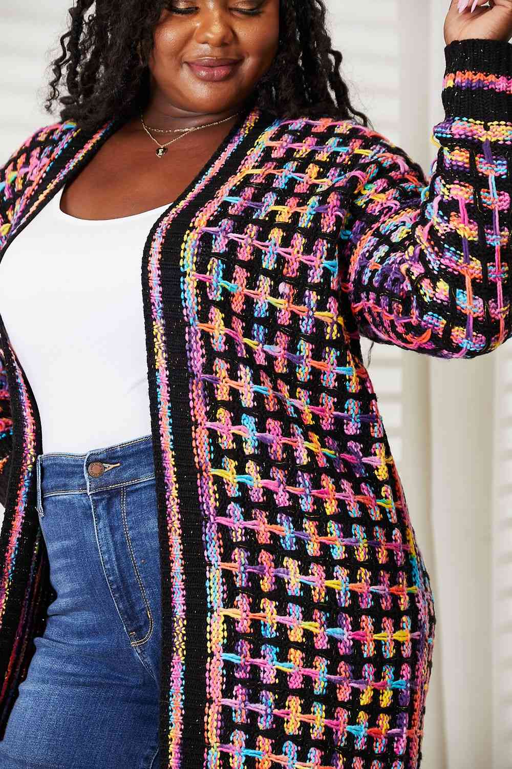 Double Take Full Size Multicolored Open Front Fringe Hem Cardigan - In Style Chics Boutique LLC