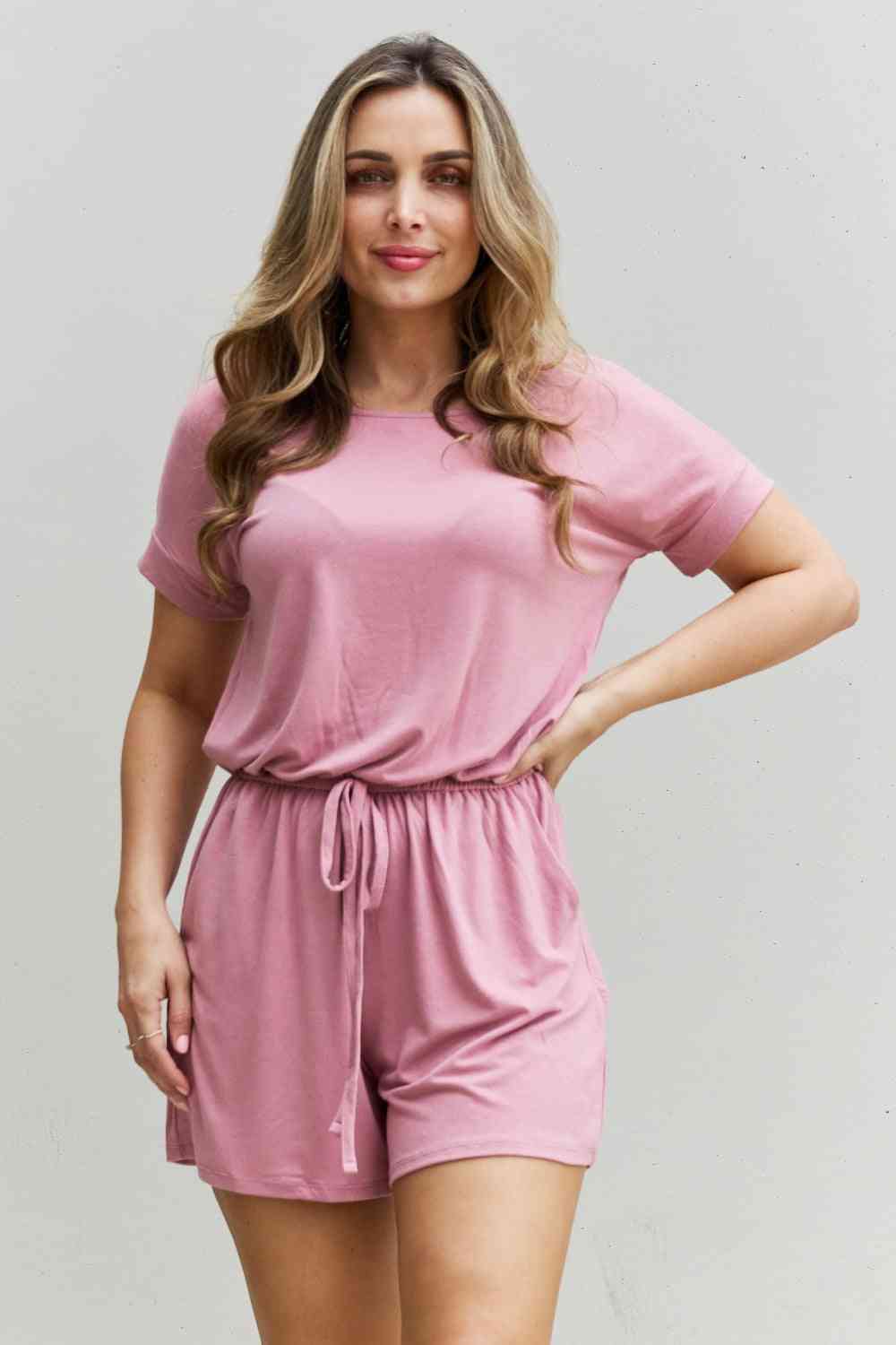 Zenana Chilled Out Full Size Short Sleeve Romper in Light Carnation Pink - In Style Chics Boutique LLC