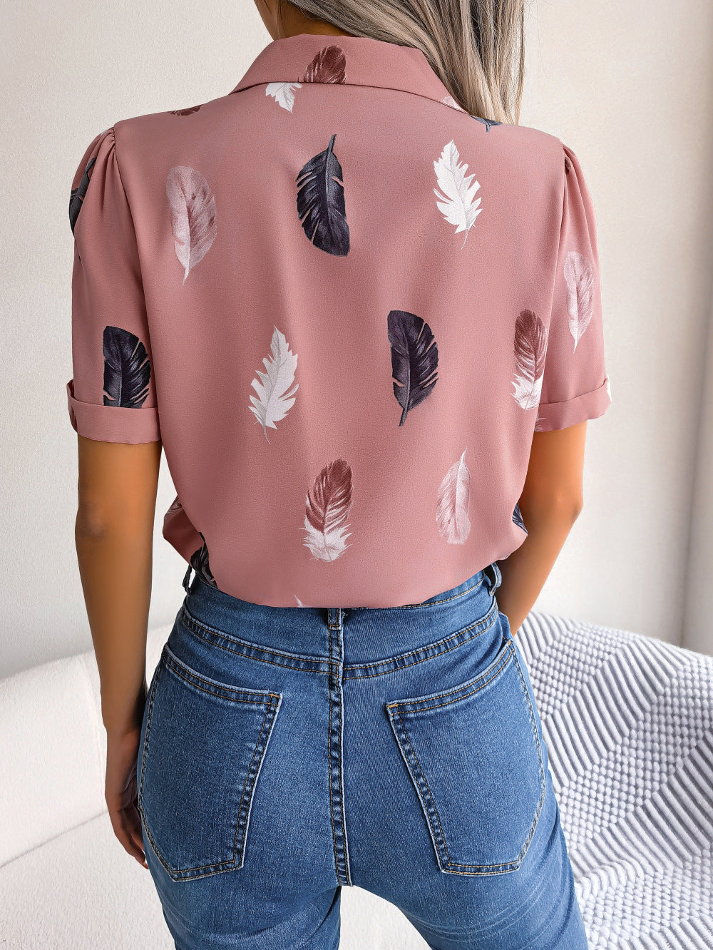 Feather Print Lapel Collar Puff Sleeve Shirt - More Colors! - In Style Chics Boutique LLC
