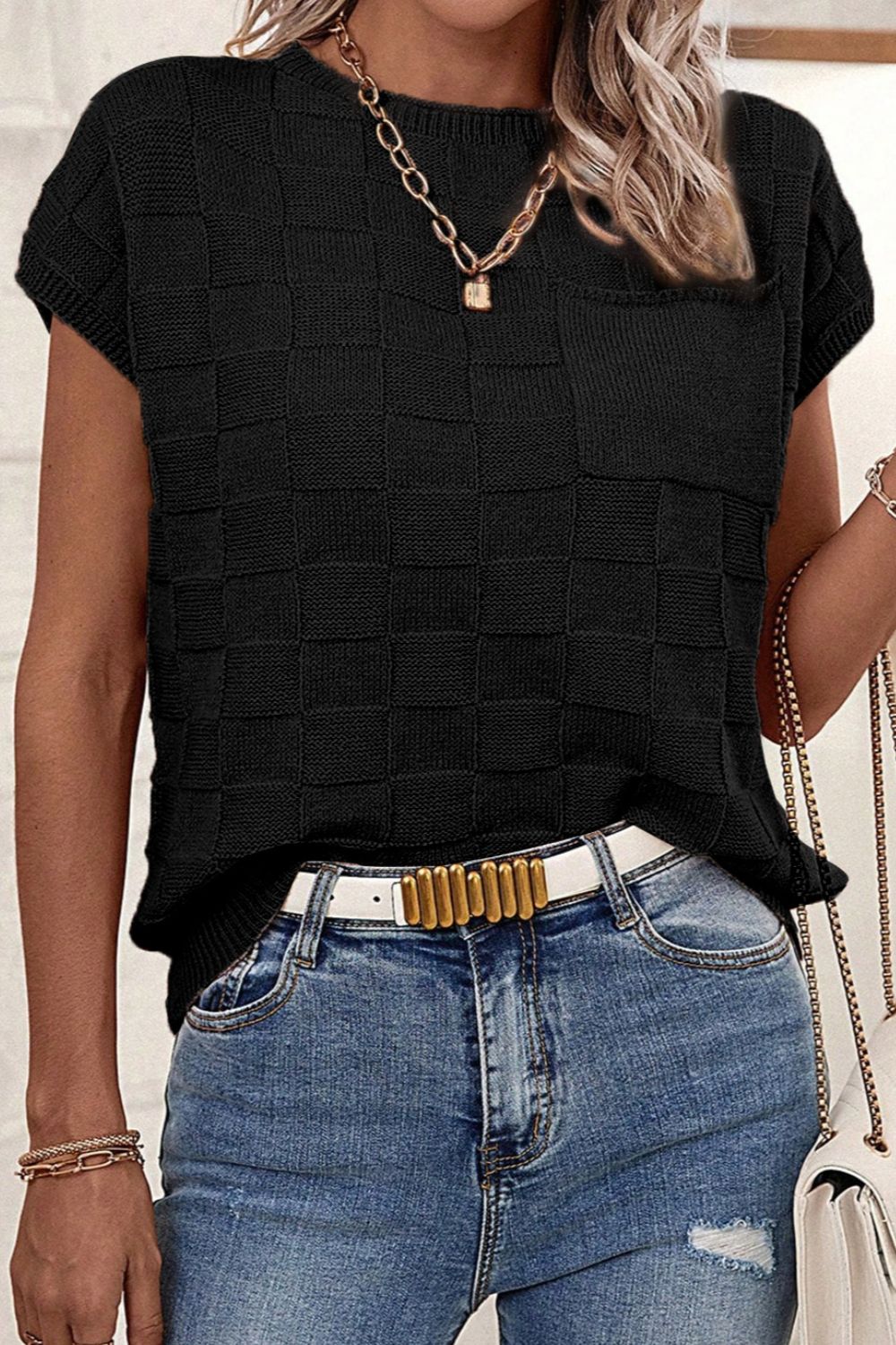 Pocketed Checkered Round Neck Knit Top - In Style Chics Boutique LLC