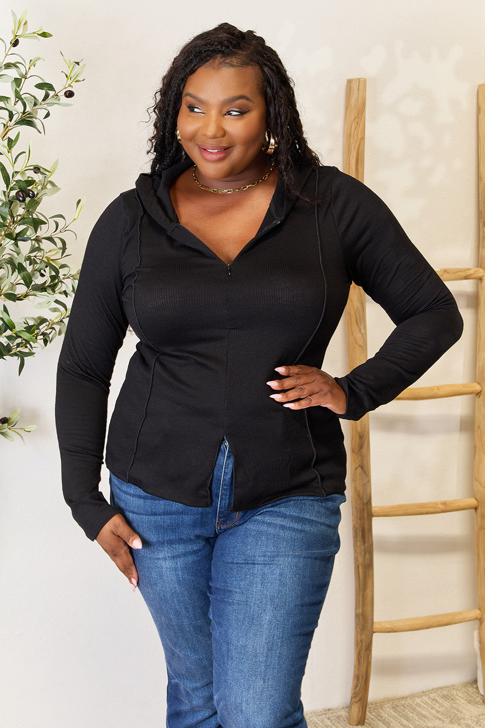 Culture Code Full Size Exposed Seam Long Sleeve Hoodie - In Style Chics Boutique LLC