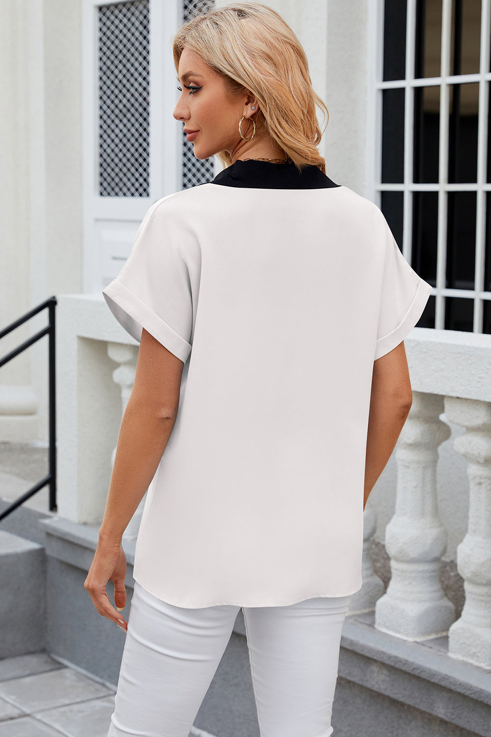 Contrast Johnny Collar Short Sleeve Blouse - More Colors! - In Style Chics Boutique LLC