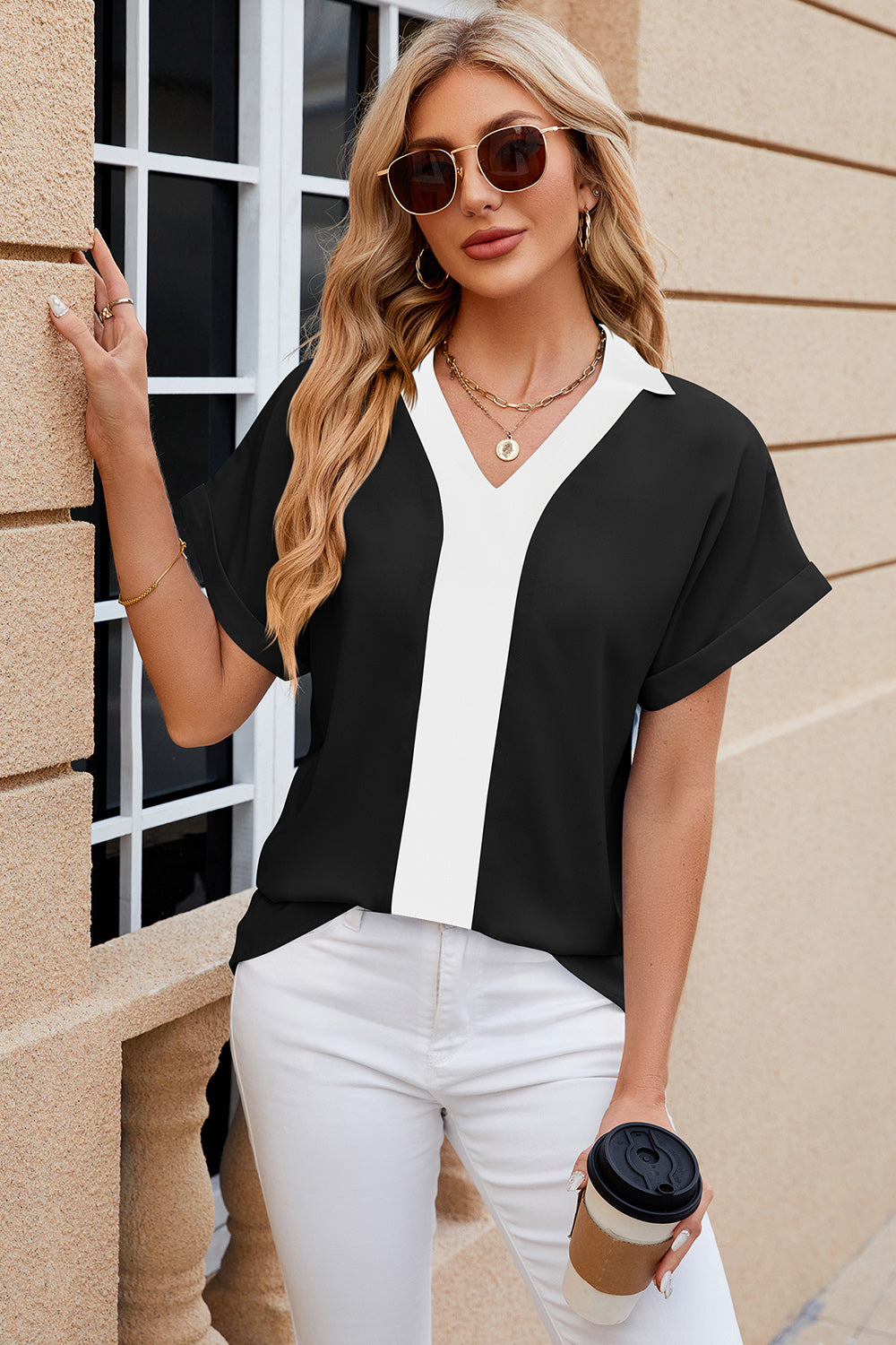 Contrast Johnny Collar Short Sleeve Blouse - More Colors! - In Style Chics Boutique LLC