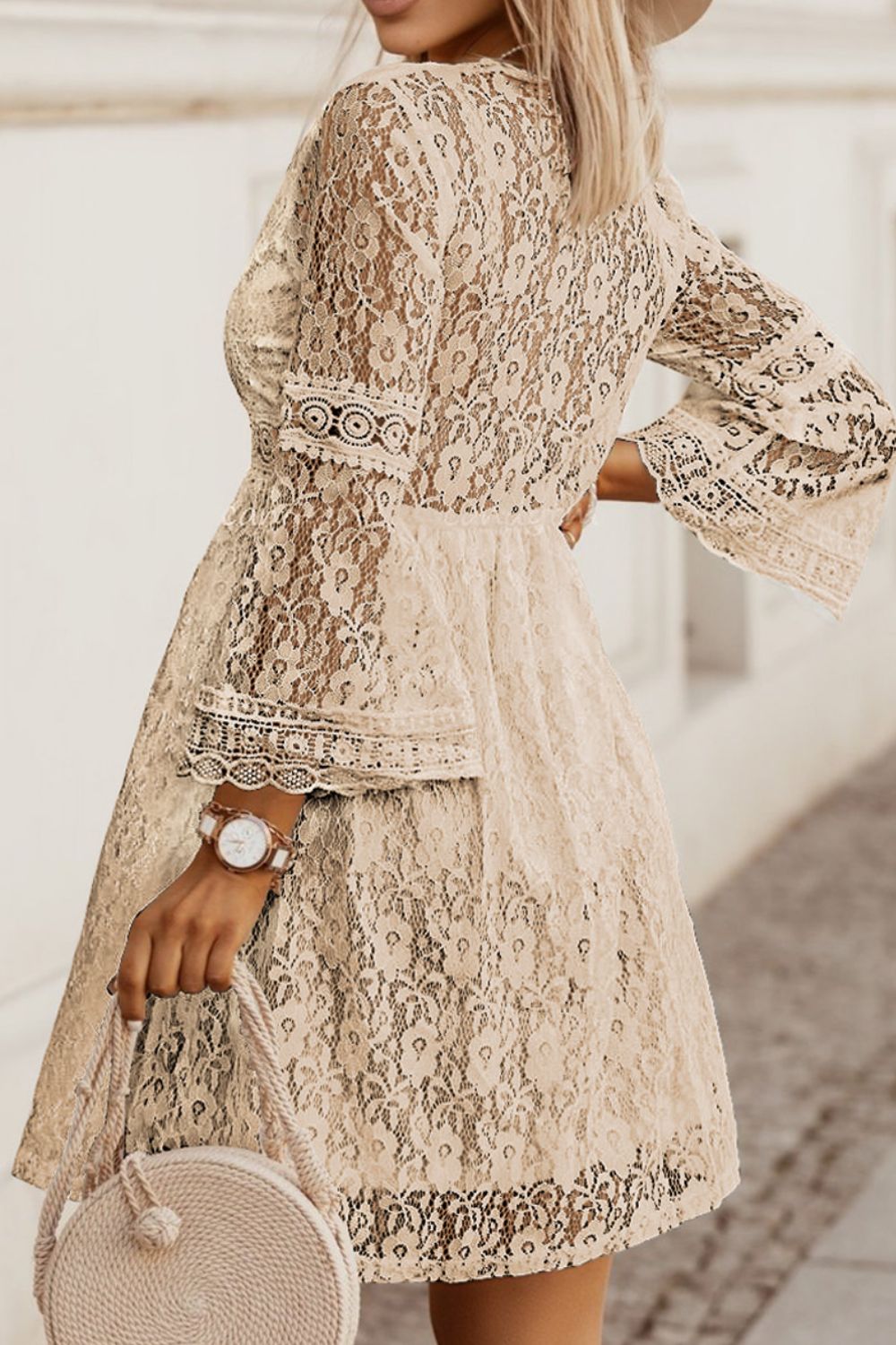 Lace V-Neck Three-Quarter Sleeve Dress - In Style Chics Boutique LLC
