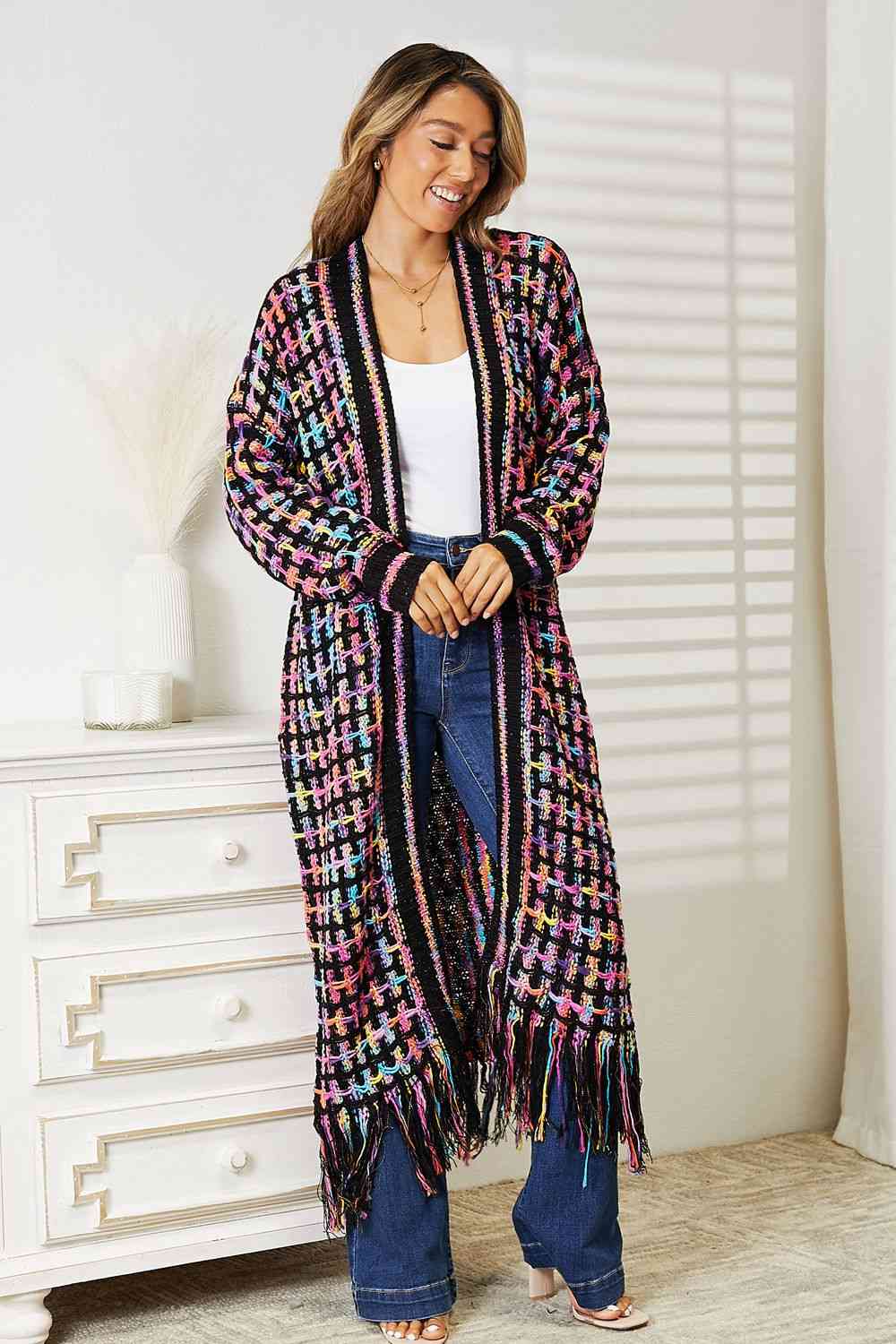 Double Take Full Size Multicolored Open Front Fringe Hem Cardigan - In Style Chics Boutique LLC