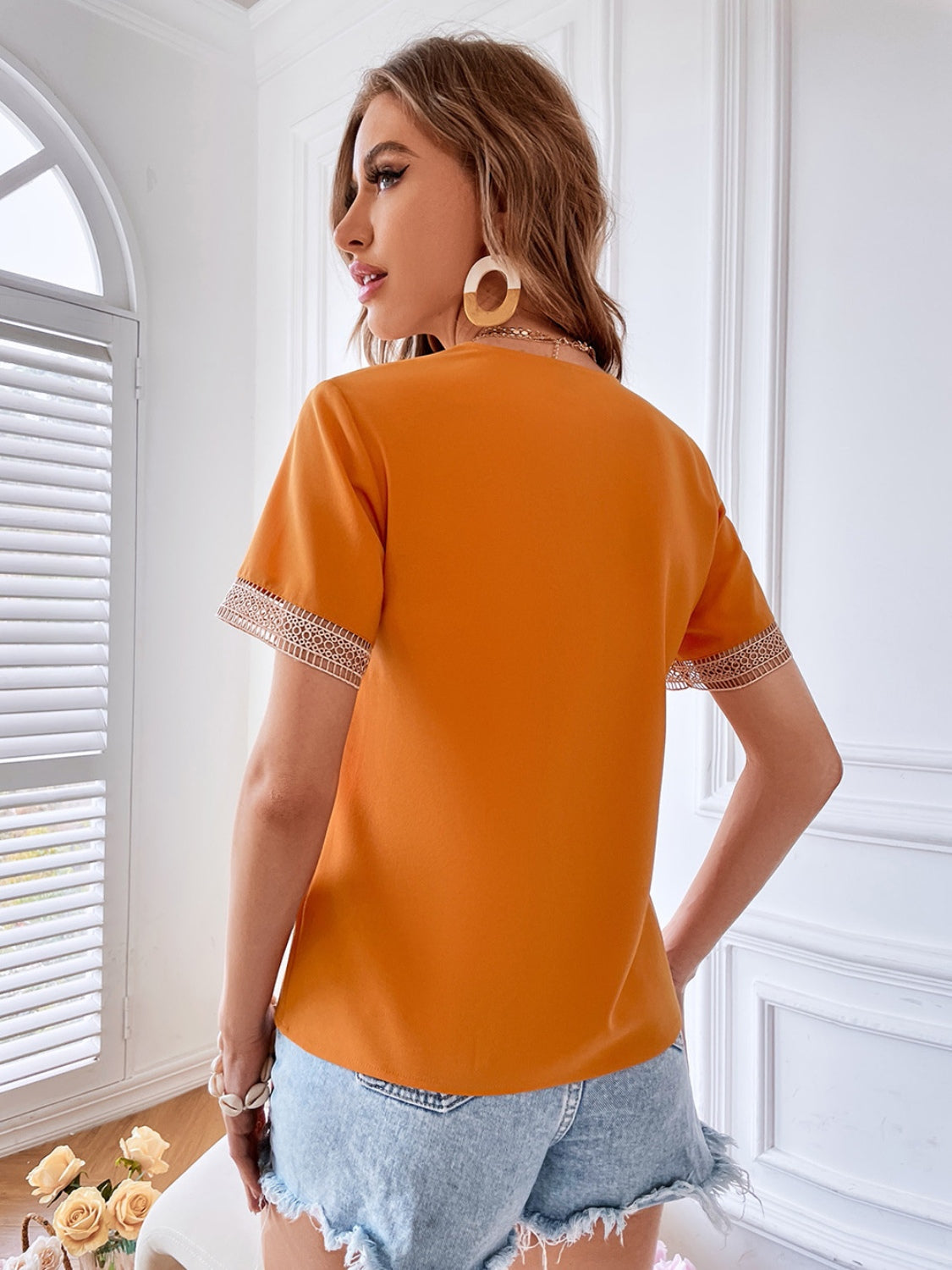 Eyelet V-Neck Short Sleeve T-Shirt - In Style Chics Boutique LLC