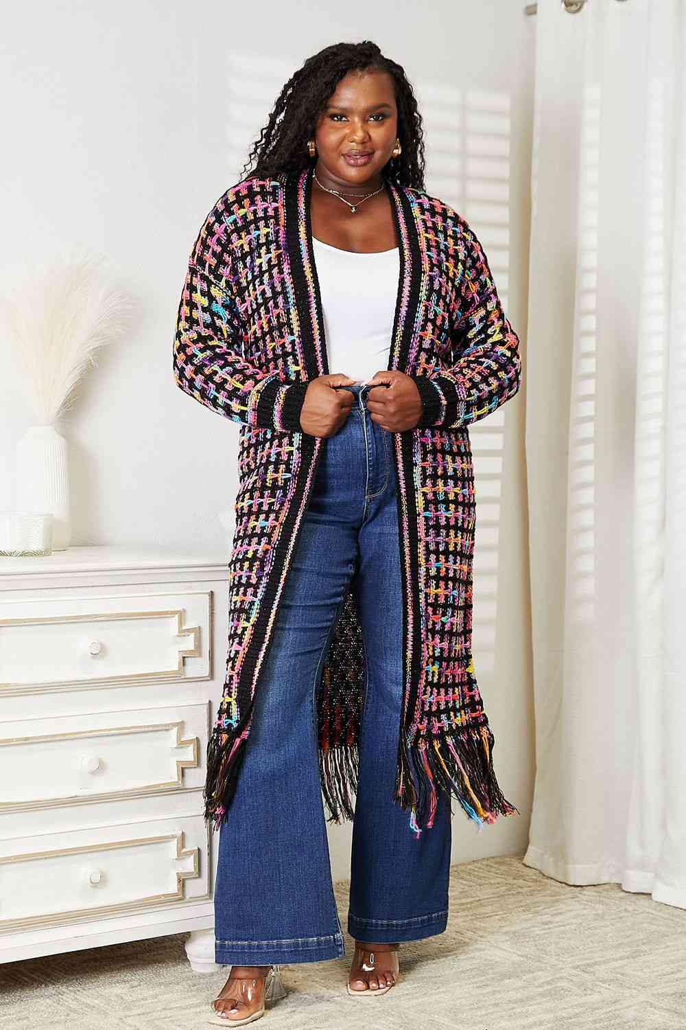 Double Take Full Size Multicolored Open Front Fringe Hem Cardigan - In Style Chics Boutique LLC