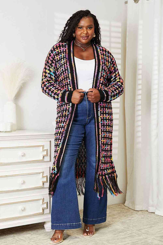 Double Take Full Size Multicolored Open Front Fringe Hem Cardigan - In Style Chics Boutique LLC