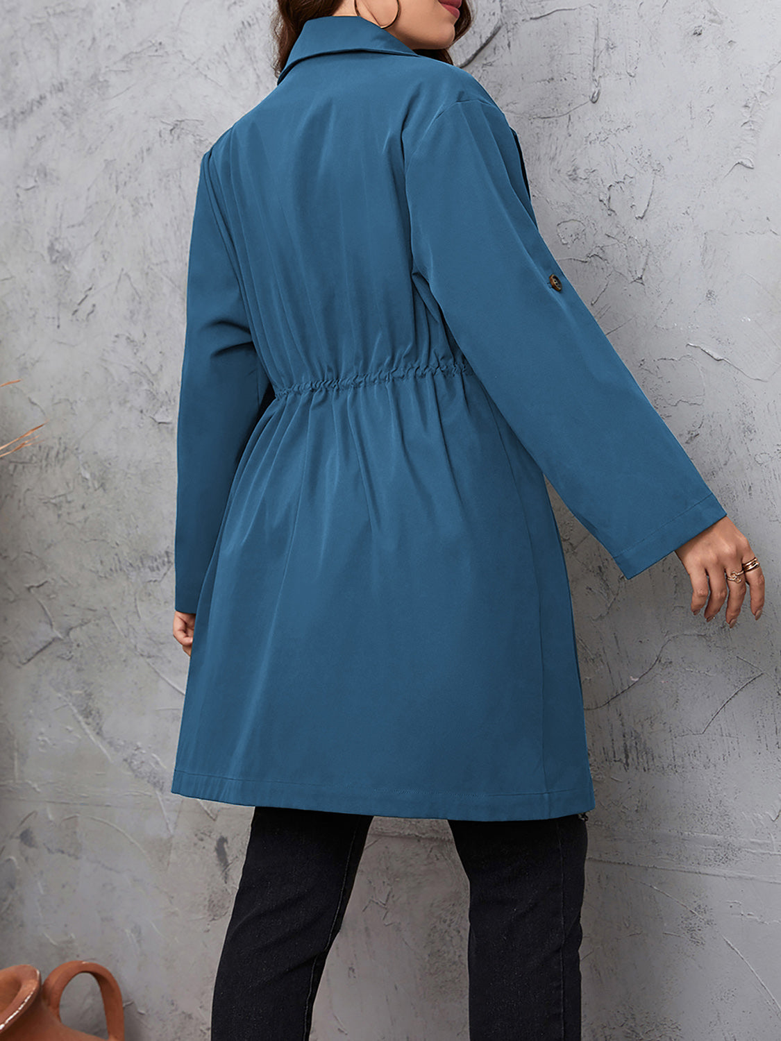 Plus Size Lapel Collar Drawstring Roll-Tab Sleeve Trench Coat - Mocha or Dusty Blue - In Style Chics Boutique LLC