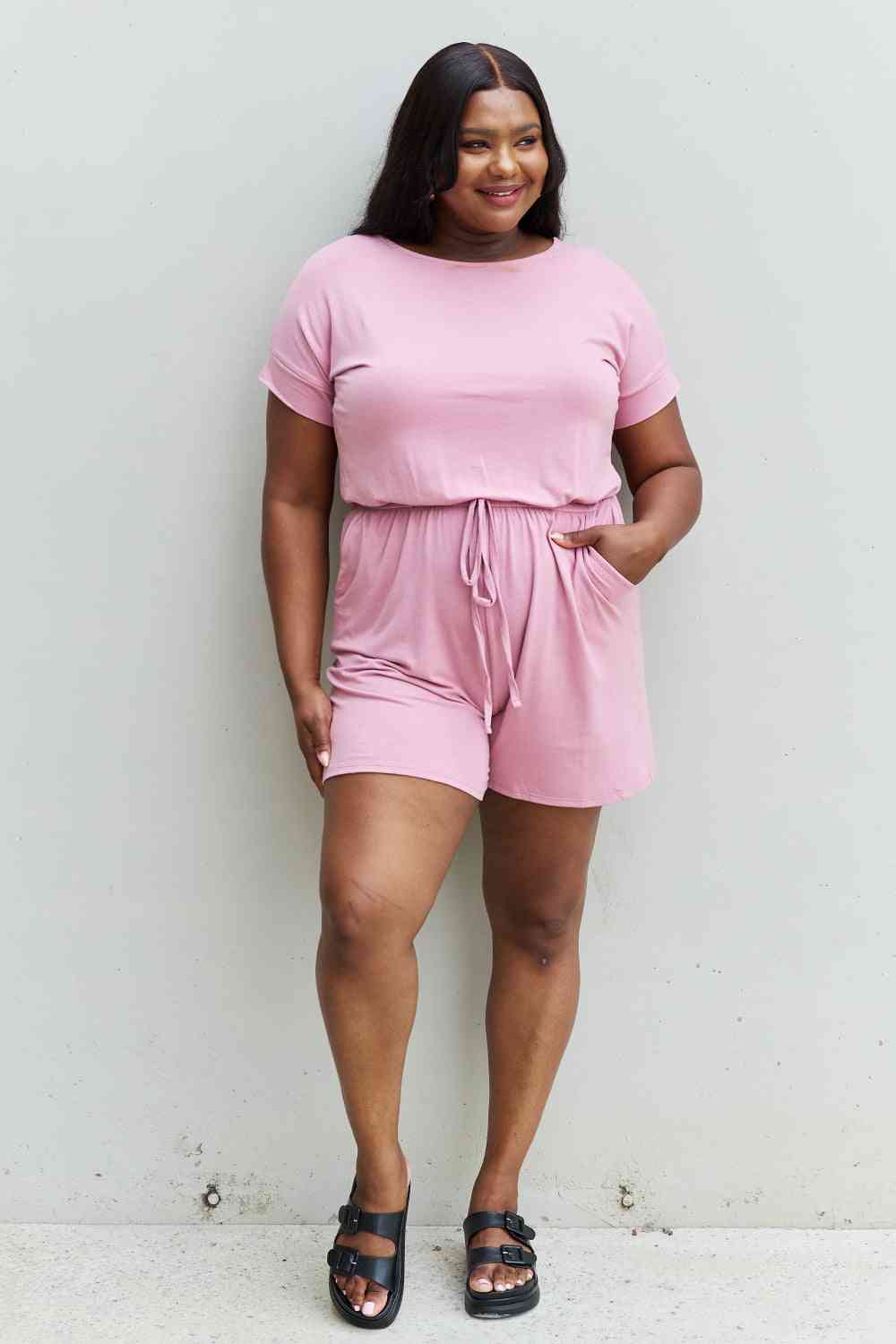 Zenana Chilled Out Full Size Short Sleeve Romper in Light Carnation Pink - In Style Chics Boutique LLC