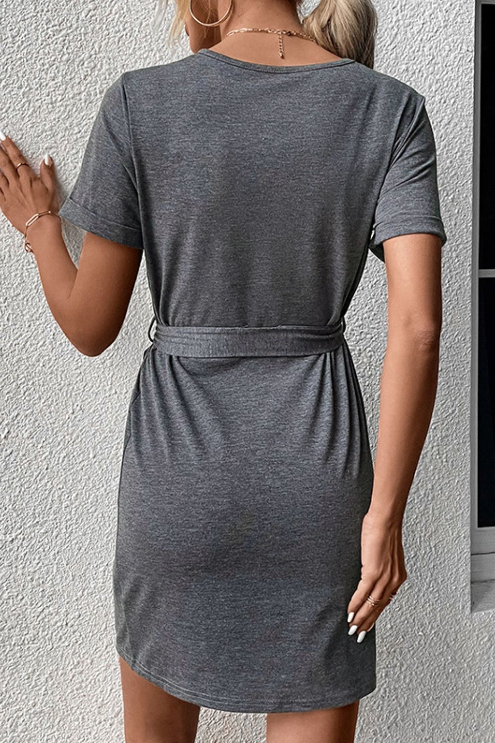 Decorative Button Tie-Waist Cuffed Sleeve Tee Dress - In Style Chics Boutique LLC