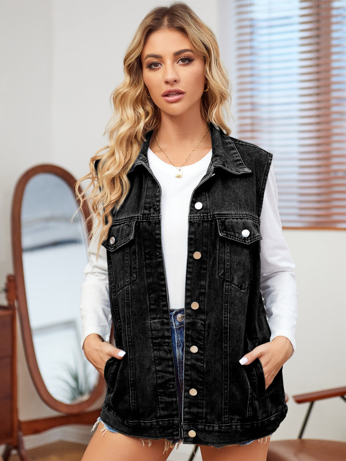 Pocketed Button Up Sleeveless Denim Jacket - In Style Chics Boutique LLC