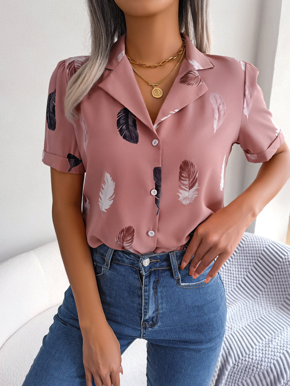Feather Print Lapel Collar Puff Sleeve Shirt - More Colors! - In Style Chics Boutique LLC