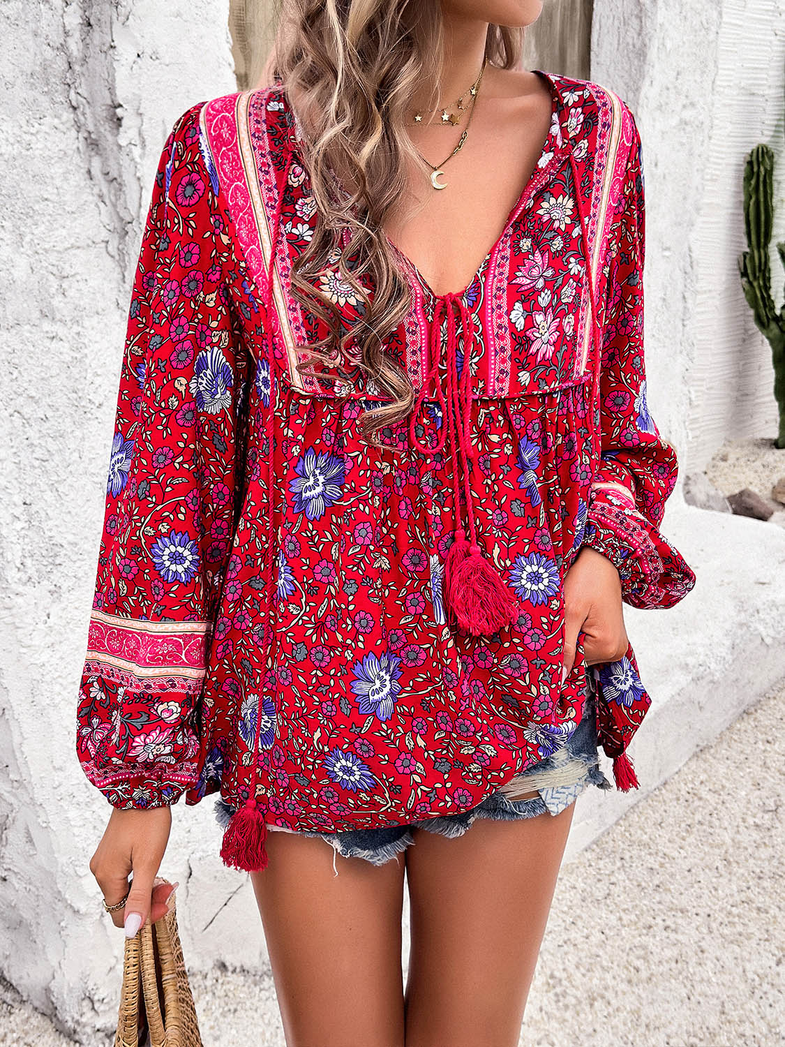 Printed Tie Neck Long Sleeve Blouse More Colors! - In Style Chics Boutique LLC