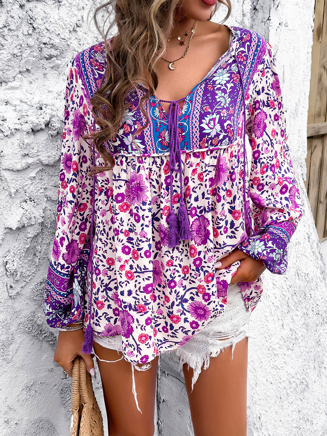 Printed Tie Neck Long Sleeve Blouse More Colors! - In Style Chics Boutique LLC