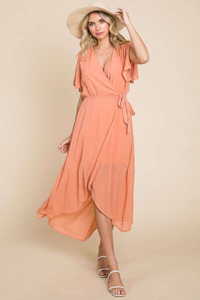 Culture Code Full Size Swiss Dot Tied Slit Short Sleeve Dress - In Style Chics Boutique LLC