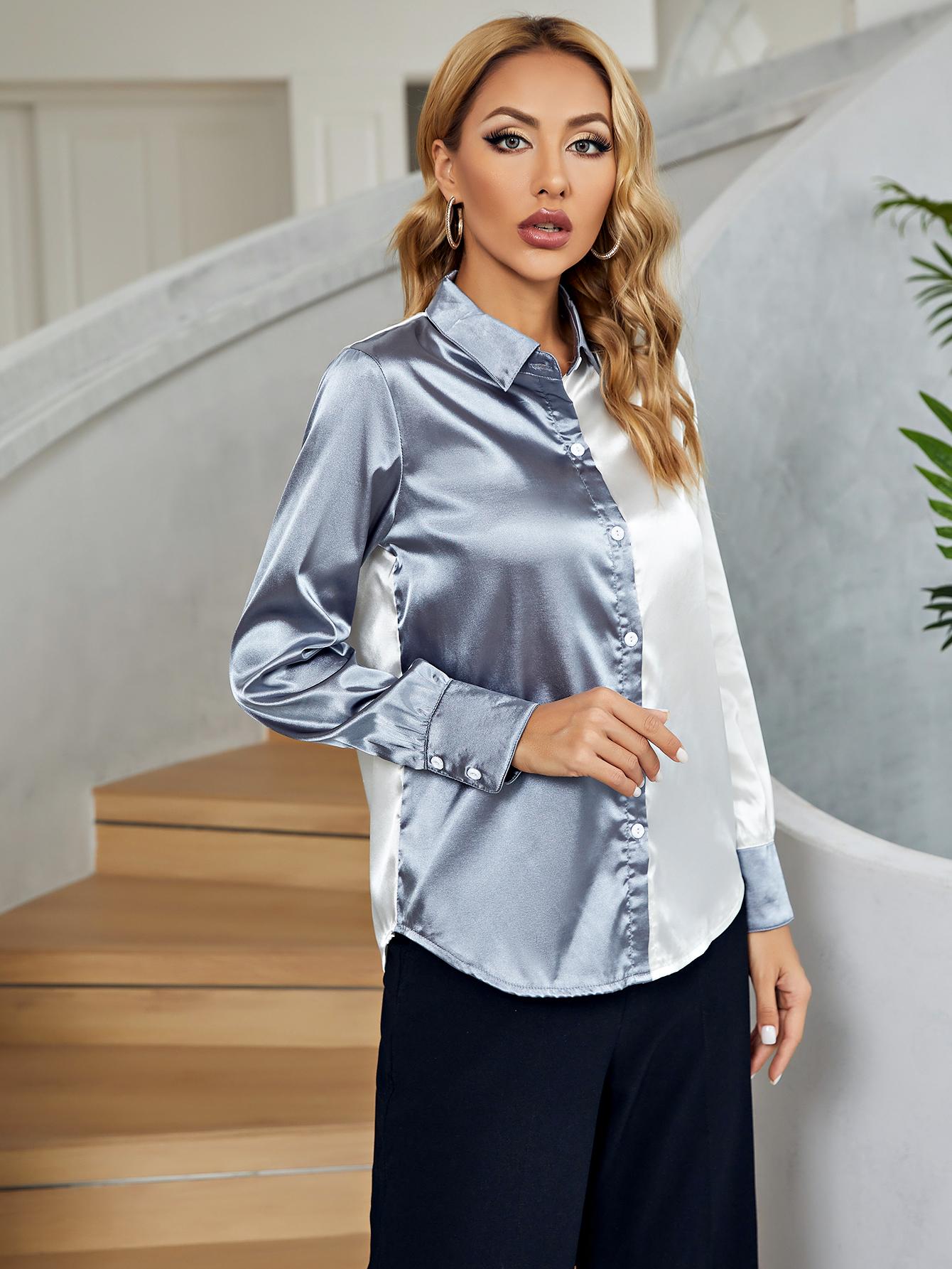 Two-Tone Long Sleeve Collared Shirt - In Style Chics Boutique LLC