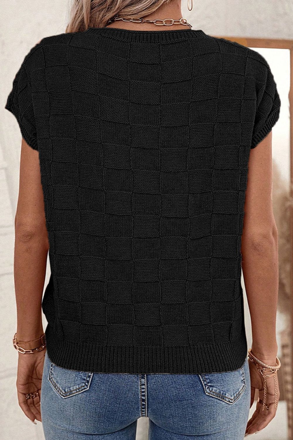 Pocketed Checkered Round Neck Knit Top - In Style Chics Boutique LLC
