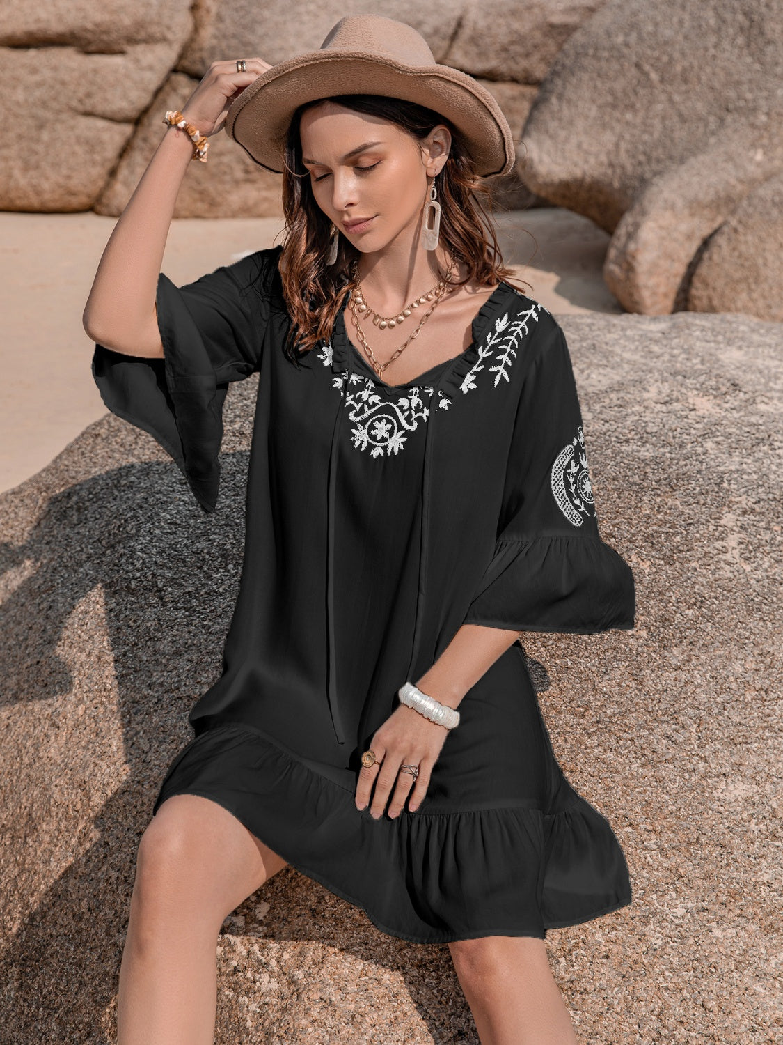 Printed Tie Neck Flounce Sleeve Mini Dress - More Colors! - In Style Chics Boutique LLC