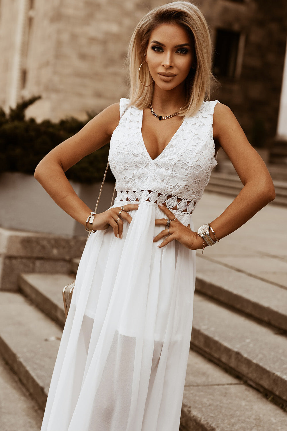 Slit Lace Detail V-Neck Dress White or Black - In Style Chics Boutique LLC