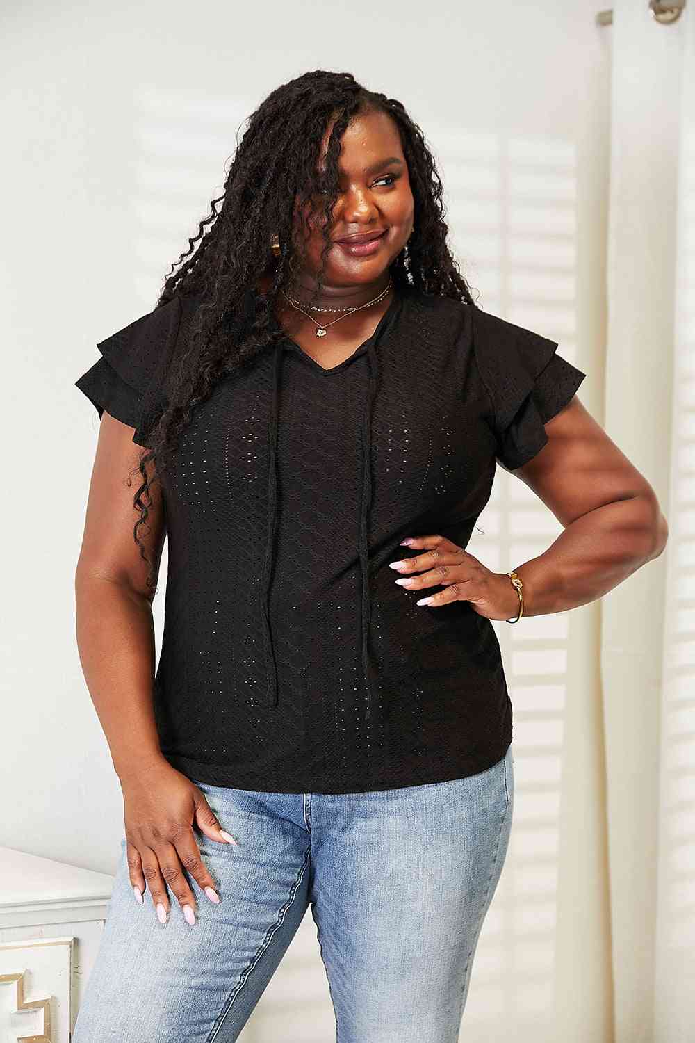 Double Take Eyelet Tie-Neck Flutter Sleeve Blouse - In Style Chics Boutique LLC