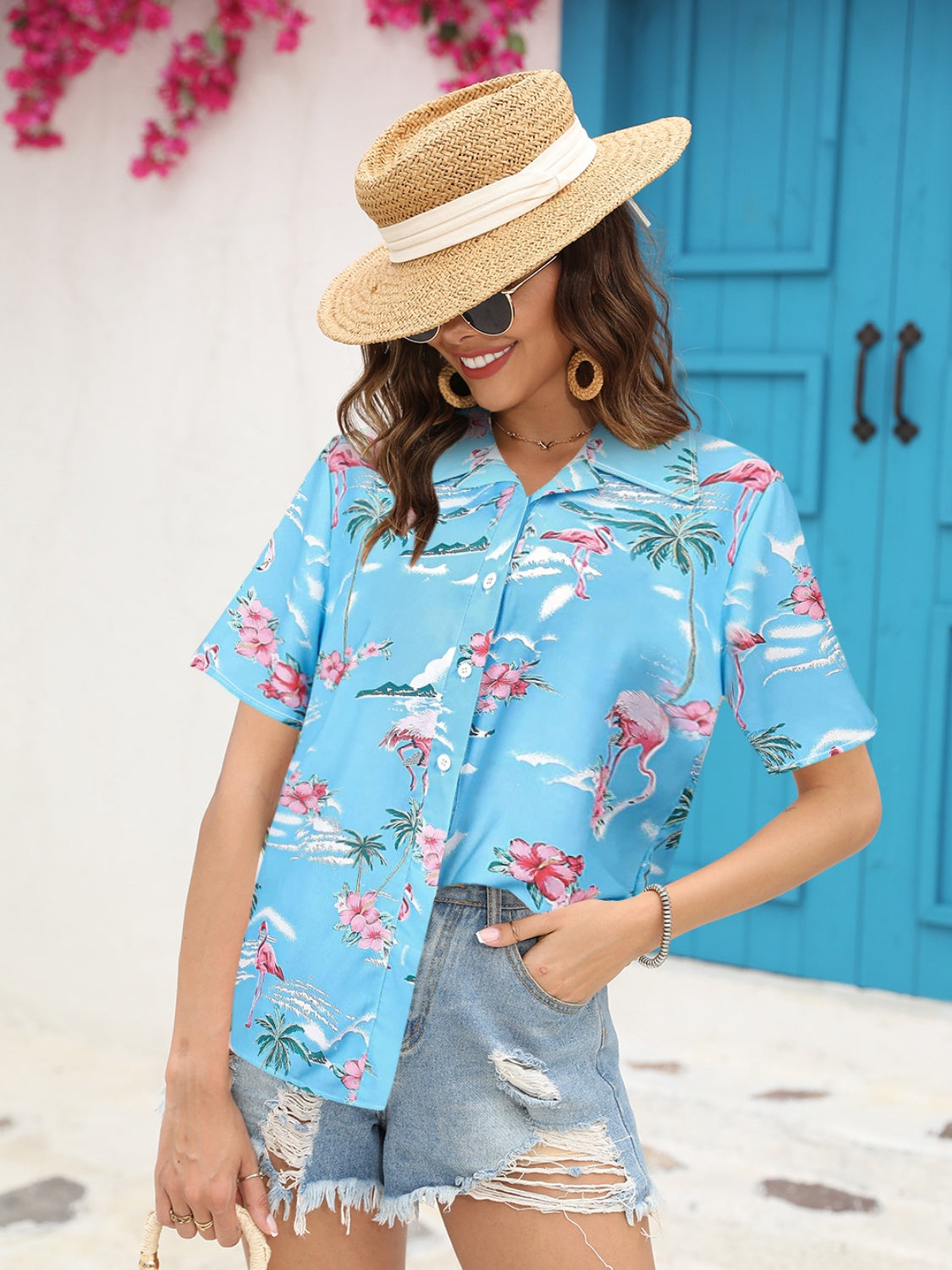 Printed Collared Neck Short Sleeve Shirt - More Colors! - In Style Chics Boutique LLC