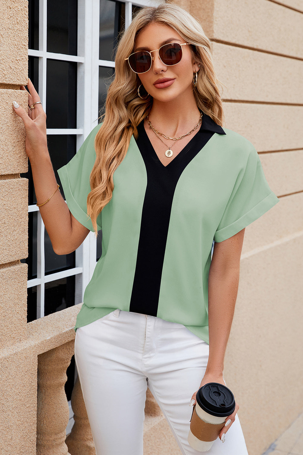 Contrast Johnny Collar Short Sleeve Blouse - More Colors! - In Style Chics Boutique LLC