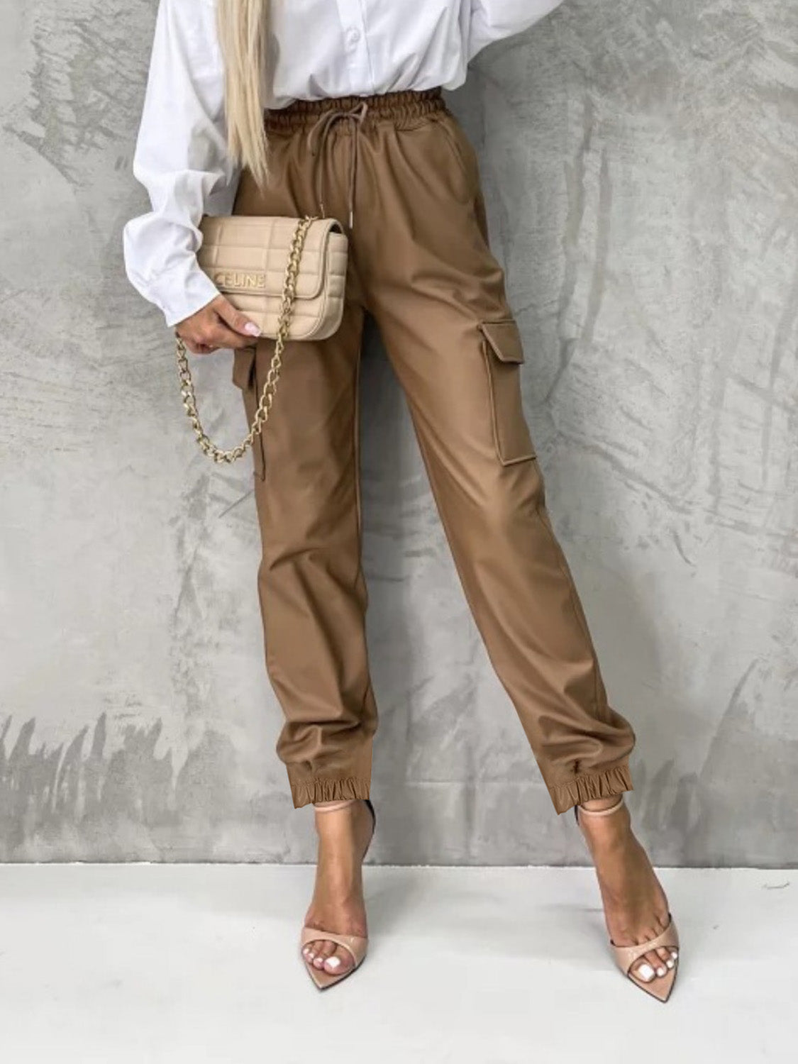 Tied High Waist Pants with Pockets Black or Caramel - In Style Chics Boutique LLC
