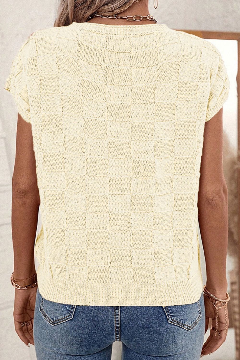 Pocketed Checkered Round Neck Knit Top - In Style Chics Boutique LLC