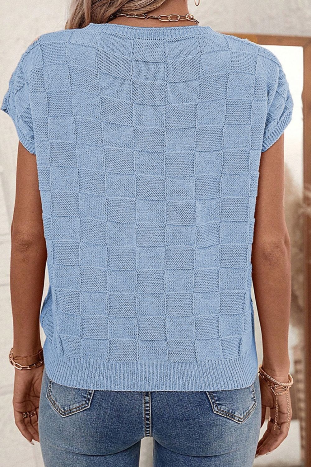Pocketed Checkered Round Neck Knit Top - In Style Chics Boutique LLC