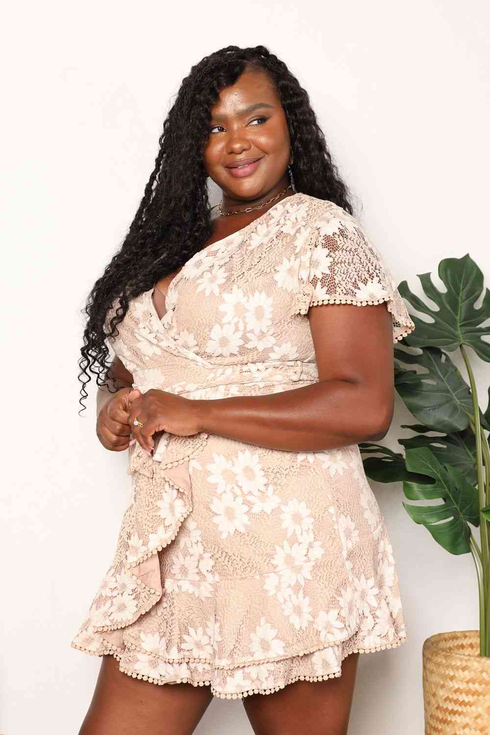 Double Take Floral Lace Pompom Detail Tie-Waist Flutter Sleeve Dress - In Style Chics Boutique LLC