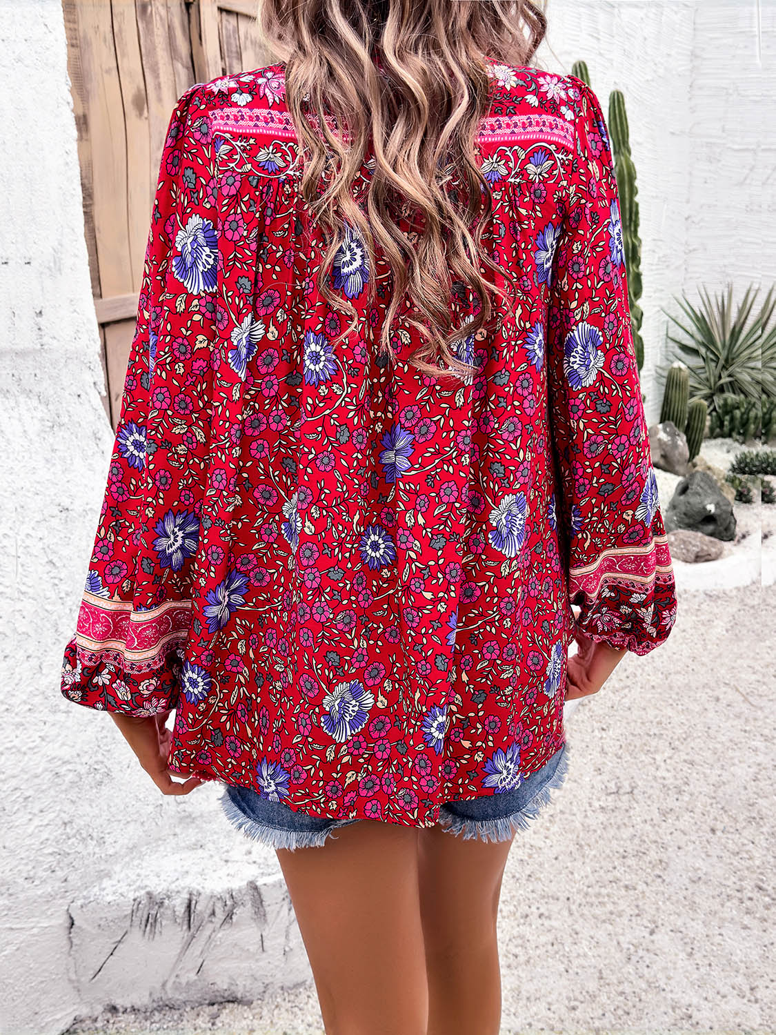 Printed Tie Neck Long Sleeve Blouse More Colors! - In Style Chics Boutique LLC