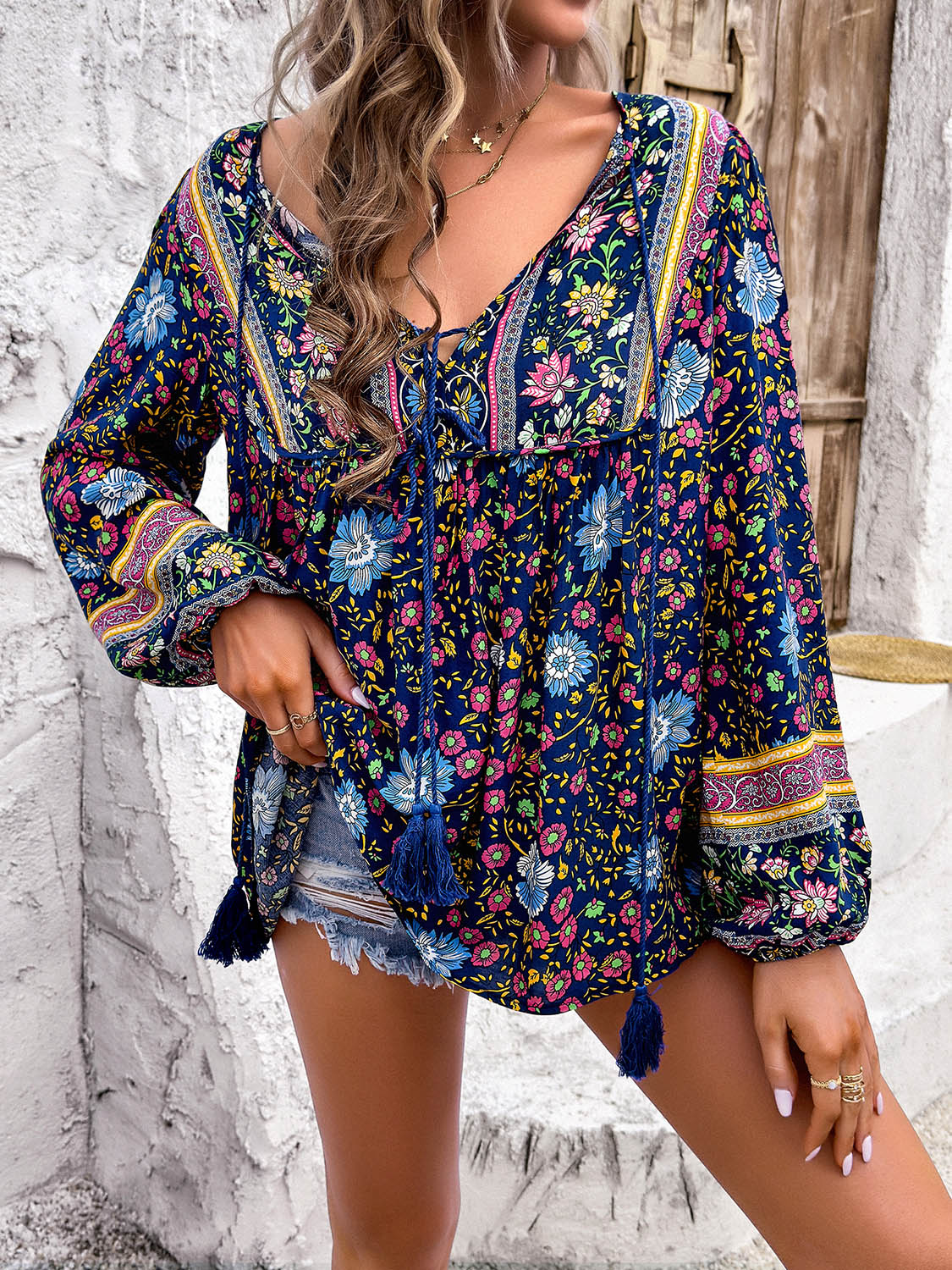 Printed Tie Neck Long Sleeve Blouse More Colors! - In Style Chics Boutique LLC