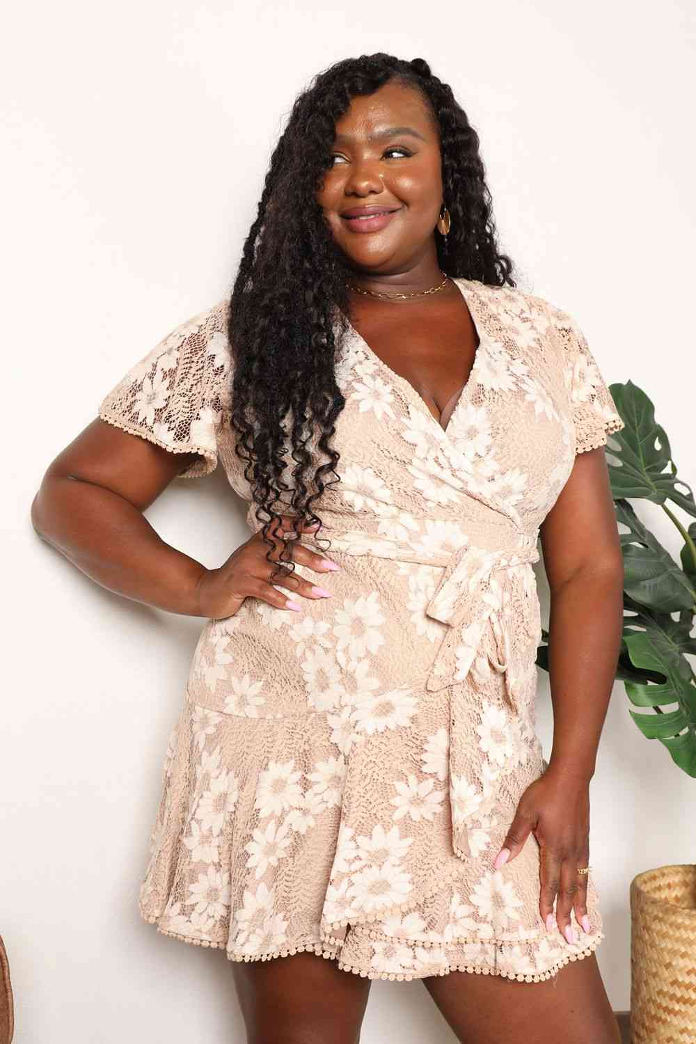 Double Take Floral Lace Pompom Detail Tie-Waist Flutter Sleeve Dress - In Style Chics Boutique LLC