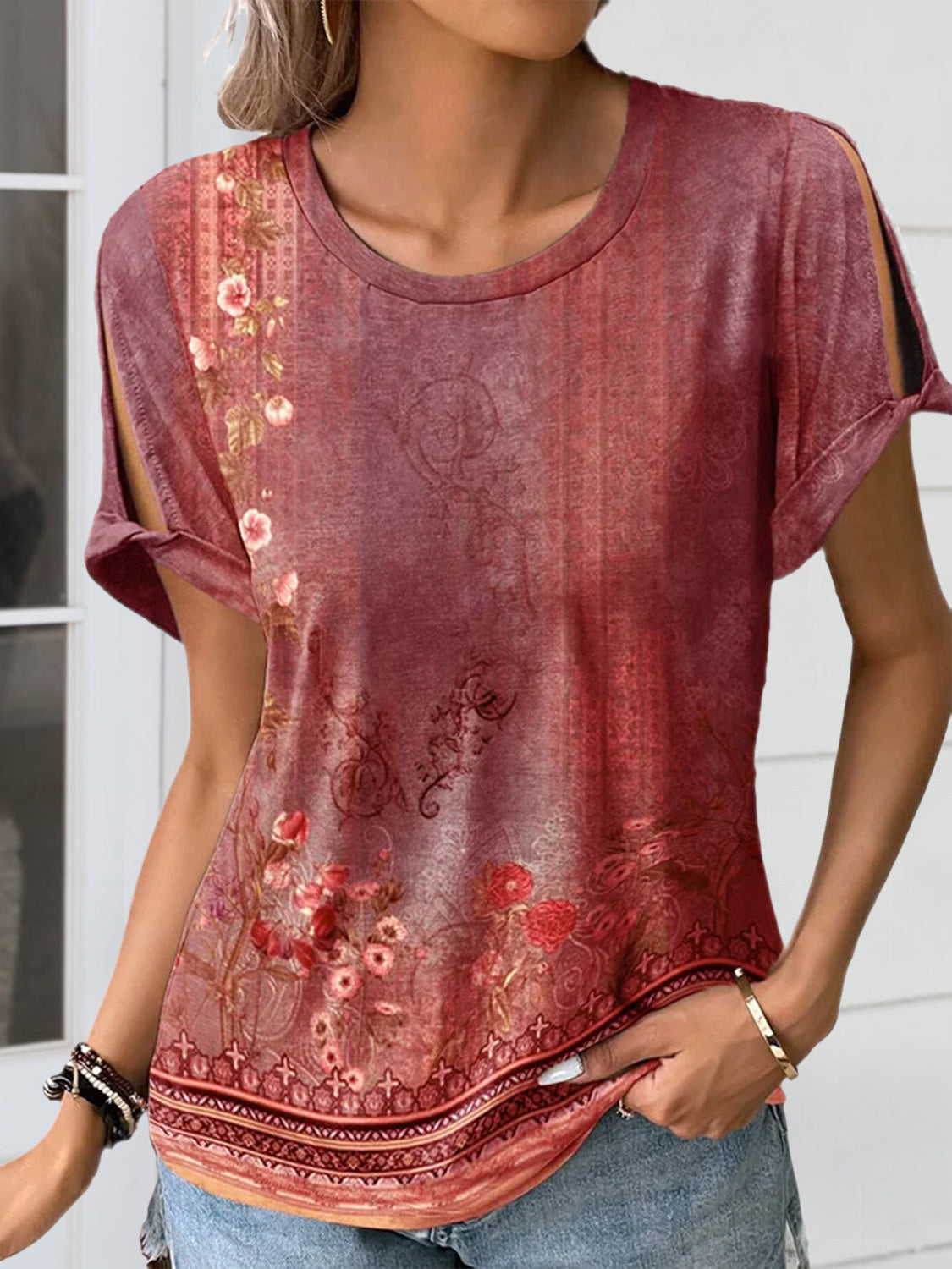 Cutout Printed Round Neck Short Sleeve Blouse - More Colors! - In Style Chics Boutique LLC
