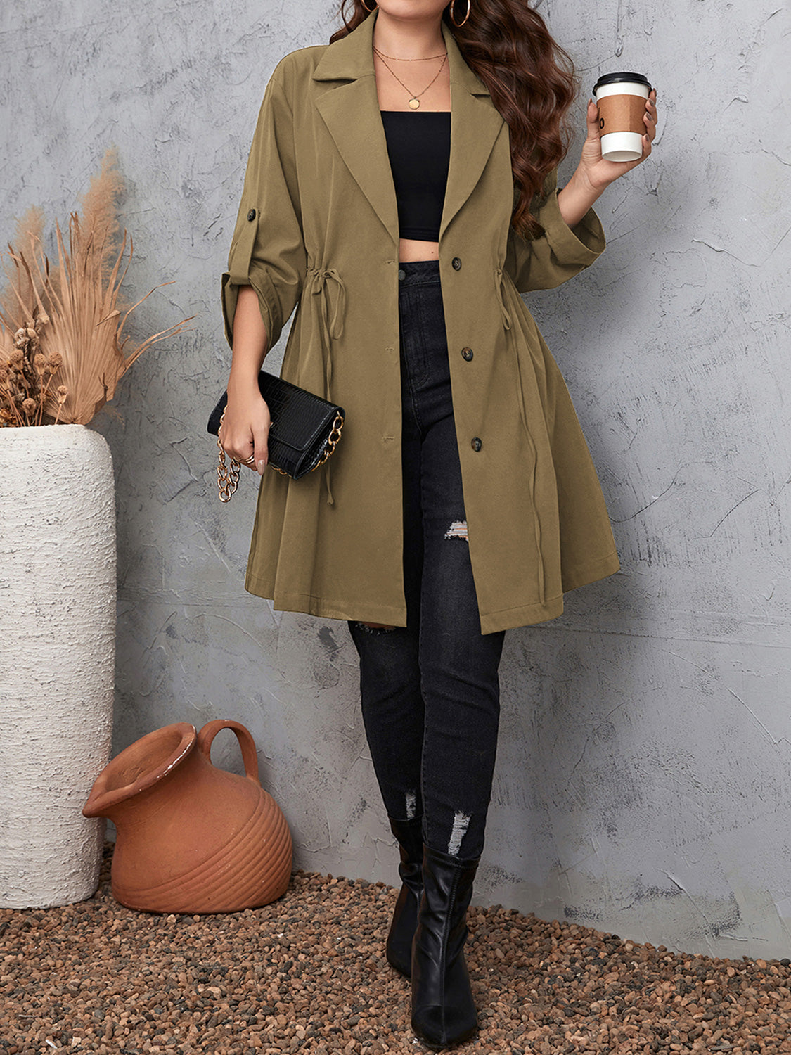 Plus Size Lapel Collar Drawstring Roll-Tab Sleeve Trench Coat - Mocha or Dusty Blue - In Style Chics Boutique LLC