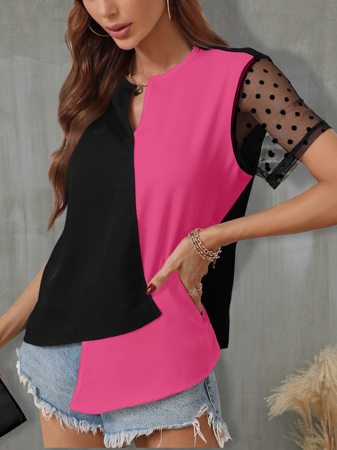 Color Block Notched Short Sleeve T-Shirt - More Colors! - In Style Chics Boutique LLC