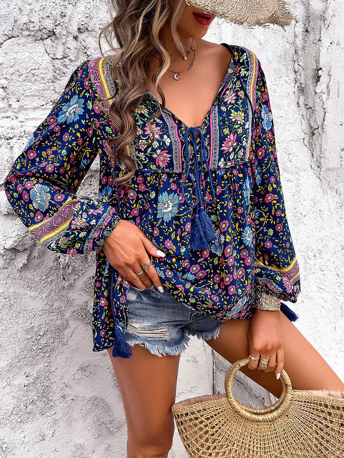 Printed Tie Neck Long Sleeve Blouse More Colors! - In Style Chics Boutique LLC