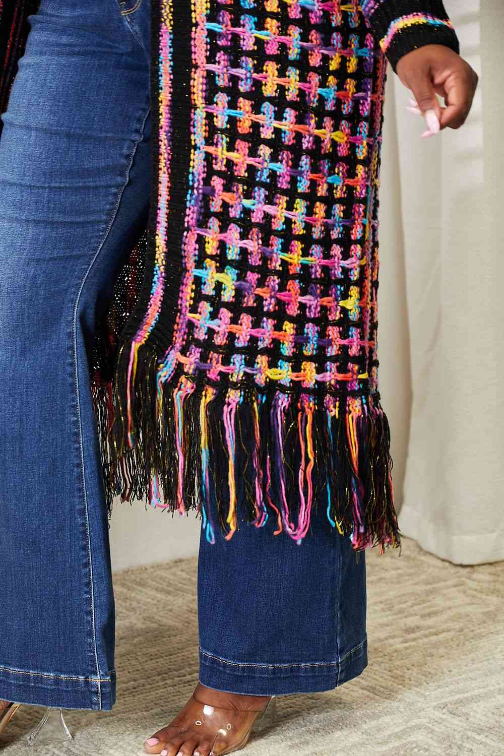 Double Take Full Size Multicolored Open Front Fringe Hem Cardigan - In Style Chics Boutique LLC