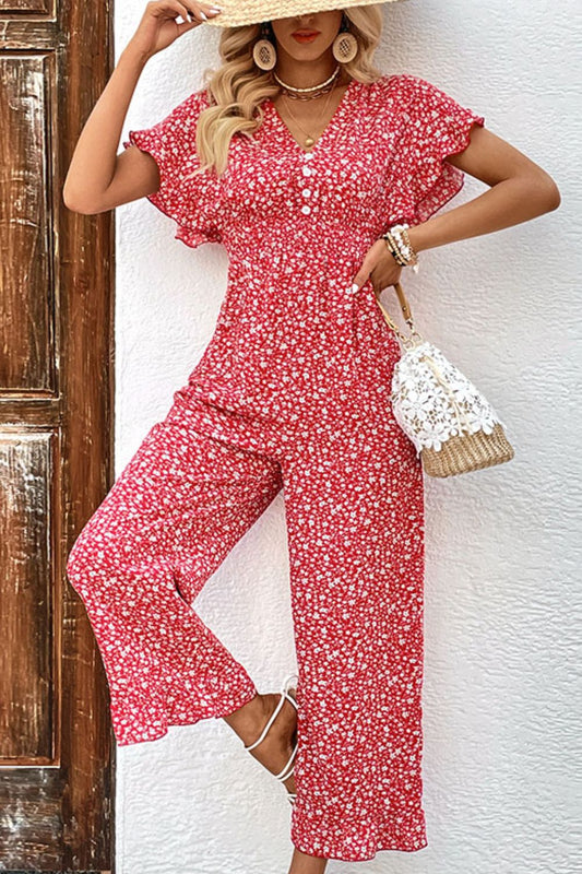 Printed Tie Back Ruffled Jumpsuit - In Style Chics Boutique LLC