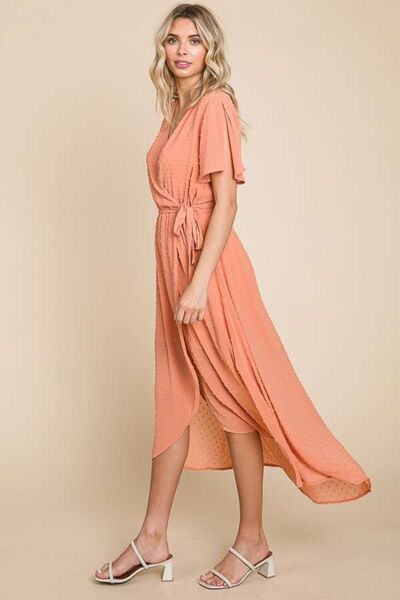 Culture Code Full Size Swiss Dot Tied Slit Short Sleeve Dress - In Style Chics Boutique LLC
